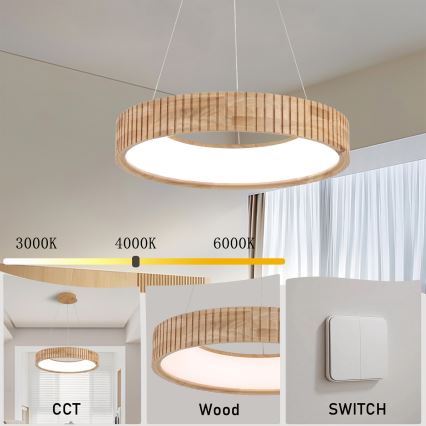 Brilagi - FALCON WOOD MODERN LED-pendel på kabel, 30W, 230V, 3000/4000/6000K, Ø 45 cm, i trä