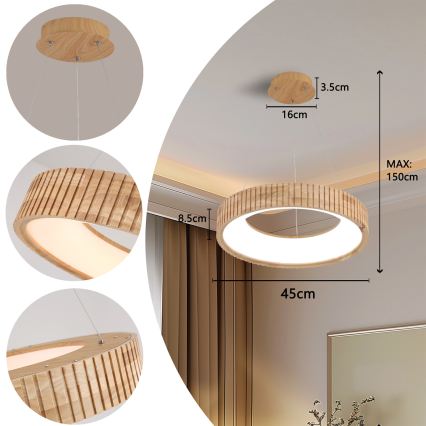 Brilagi - FALCON WOOD MODERN LED-pendel på kabel, 30W, 230V, 3000/4000/6000K, Ø 45 cm, i trä