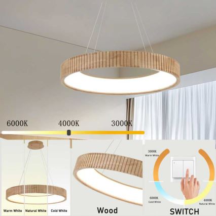 Brilagi - Takpendel med kabel FALCON WOOD MODERN LED/40W/230V 3000/4000/6000K Ø 60 cm, trä
