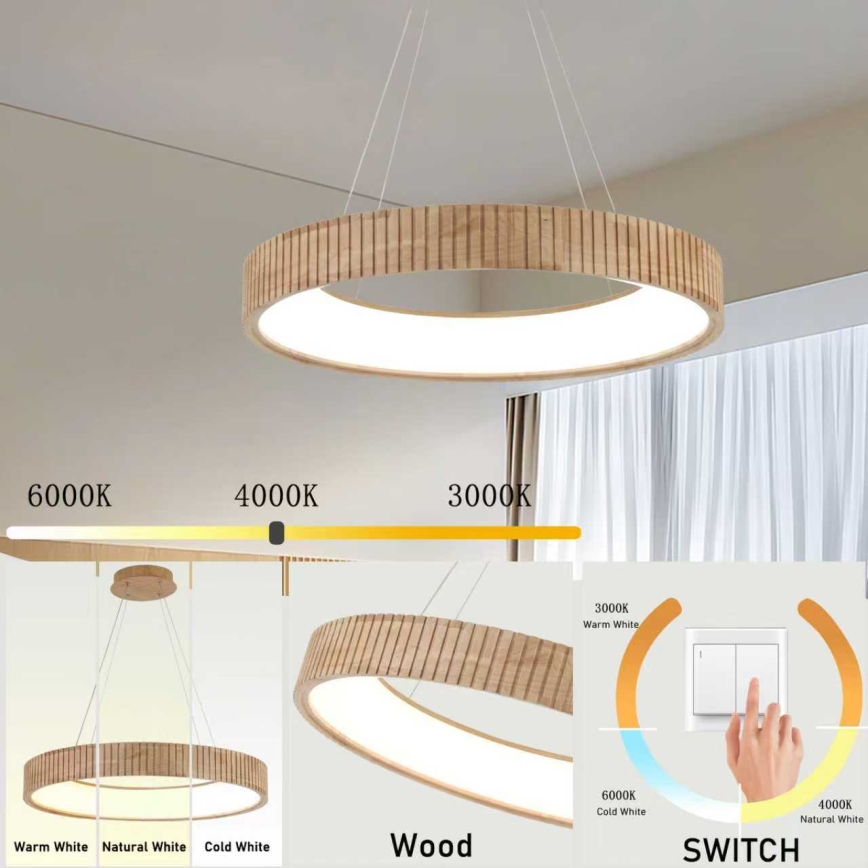 Brilagi - Takpendel med kabel FALCON WOOD MODERN LED/40W/230V 3000/4000/6000K Ø 60 cm, trä