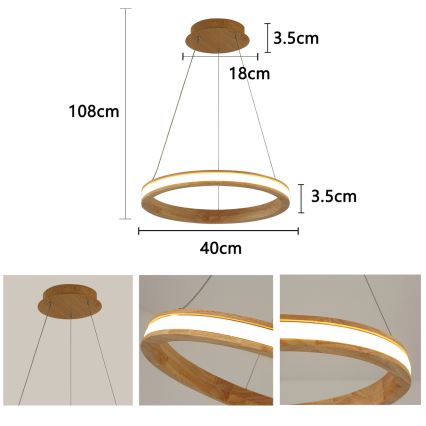 Brilagi - LED-pendel på vajer UMEA WOOD LED/30W/230V Ø 40 cm gummiträ