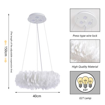 BRILAGI - LED-pendellampa FEATHER med vajerupphängning 3xE27/40W/230V + 3xLED/3W Ø 40 cm vit