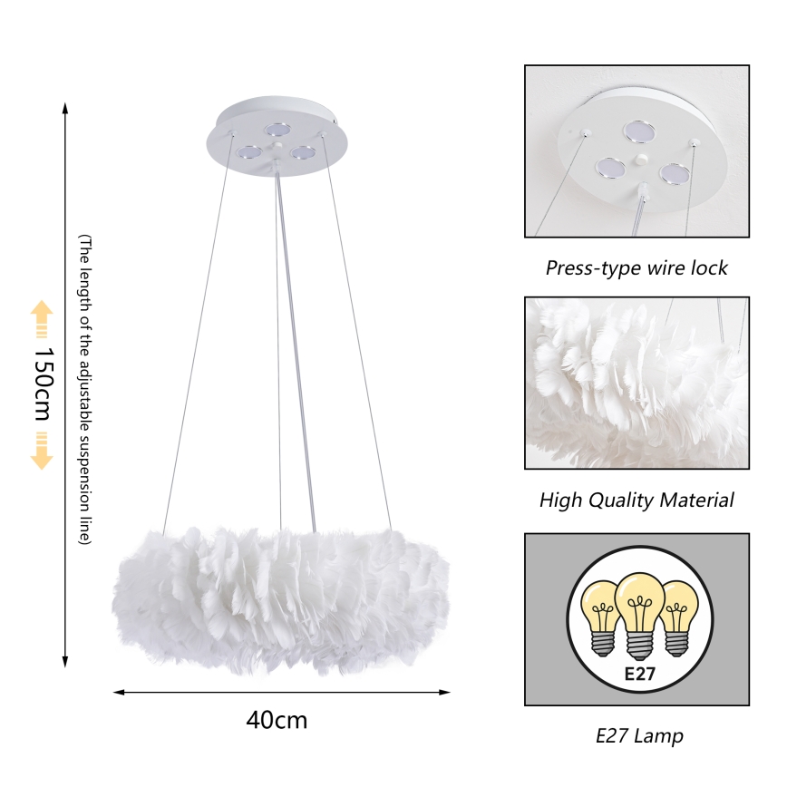 BRILAGI - LED-pendellampa FEATHER med vajerupphängning 3xE27/40W/230V + 3xLED/3W Ø 40 cm vit