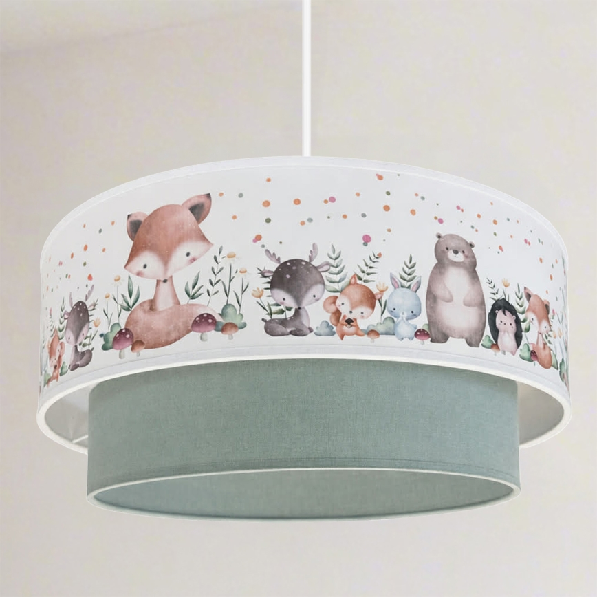 Brilagi - LED barnpendel med sladd BOBO 1xE27/60W/230V Ø 40 cm vit/grön/djurmotiv