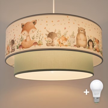 Brilagi- LED-pendellampa för barn med vajer BOBO 1xE27/60W/230V Ø 40 cm vit/grön/med djurmotiv.