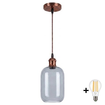 BRILAGI - LED-pendellampa med kabel RETRO GLASS 1xE27/60W/230V Ø 14 cm koppar/rökgrå
