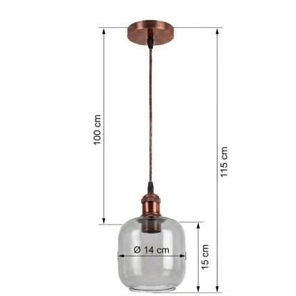 BRILAGI - LED-takpendel med kabel RETRO GLASS 1xE27/60W/230V Ø 14 cm koppar/rökgrå