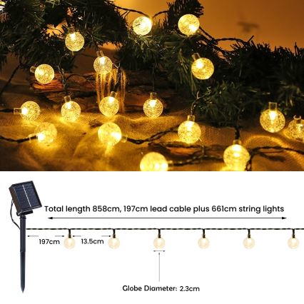 BRILAGI - LED solcellsljusslinga BUBBLE 200xLED/8 funktioner 20 m IP65 varmvit 800 mAh