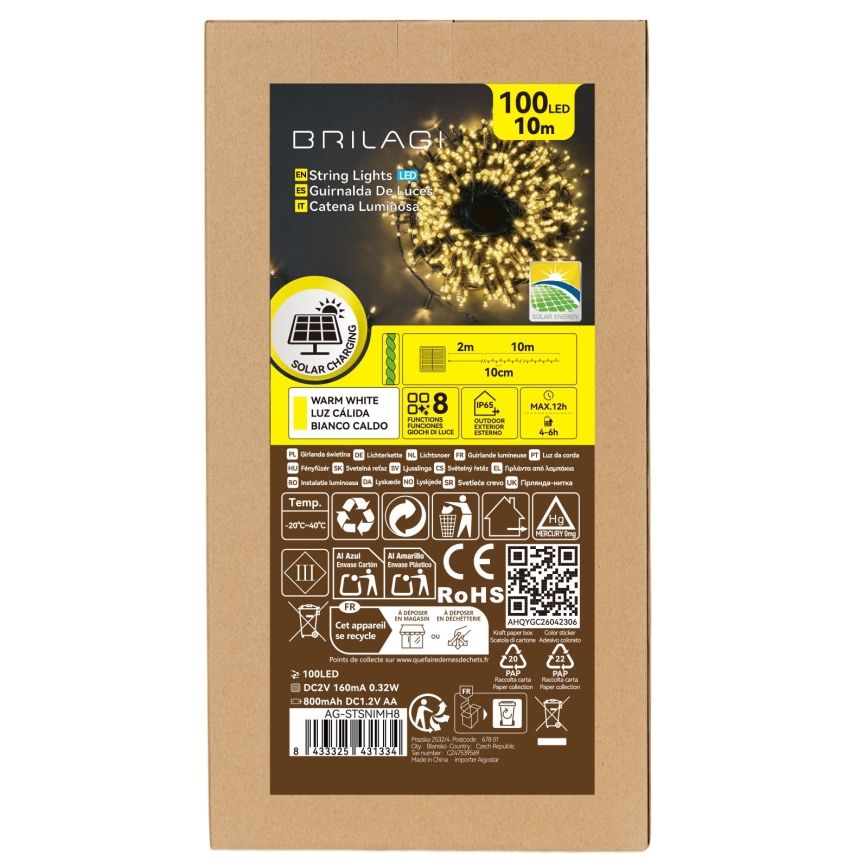 BRILAGI - LED-solcellsdriven julslinga 100 LED / 8 funktioner, 12 m, 800 mAh, IP65, varmvit