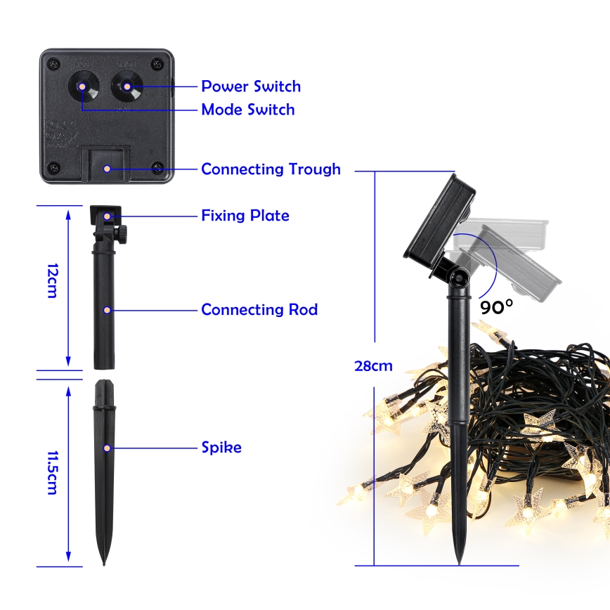 Brilagi - LED solcellsljusslinga STARS 50xLED/8 funktioner 7m IP65 varmvit 600 mAh