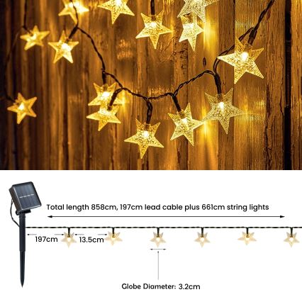 Brilagi - LED solcellsljusslinga STARS 50xLED/8 funktioner 7m IP65 varmvit 600 mAh