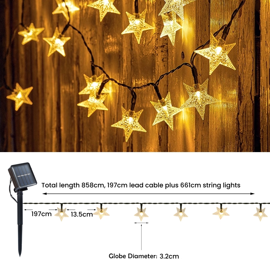 Brilagi - LED solcellsljusslinga STARS 50xLED/8 funktioner 7m IP65 varmvit 600 mAh