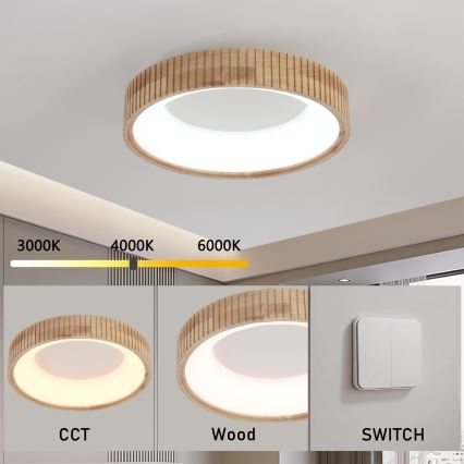Brilagi – LED-taklampa FALCON WOOD MODERN, 30 W, 230 V, väljbara färgtemperaturer 3000/4000/6000 K, Ø 45 cm, i trä
