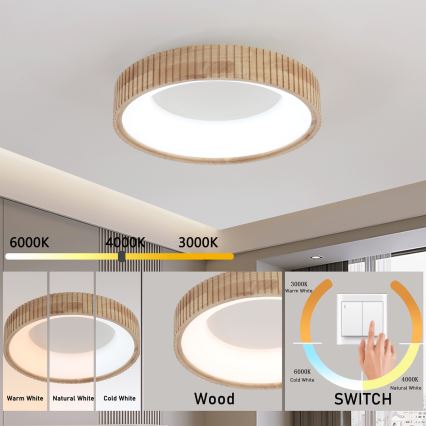 Brilagi – LED-taklampa FALCON WOOD MODERN, 30 W, 230 V, väljbara färgtemperaturer 3000/4000/6000 K, Ø 45 cm, i trä