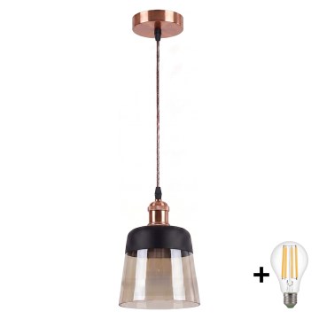BRILAGI - LED-takpendel på kabel RETRO GLASS 1xE27/60W/230V Ø 15,5 cm koppar/rökbeige/svart