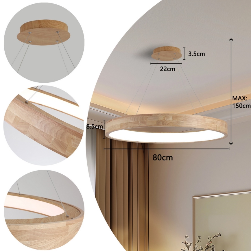 Brilagi - LED-pendel på vajer FALCON WOOD LED/60W/230V 3000/4000/6000K Ø 80 cm trä