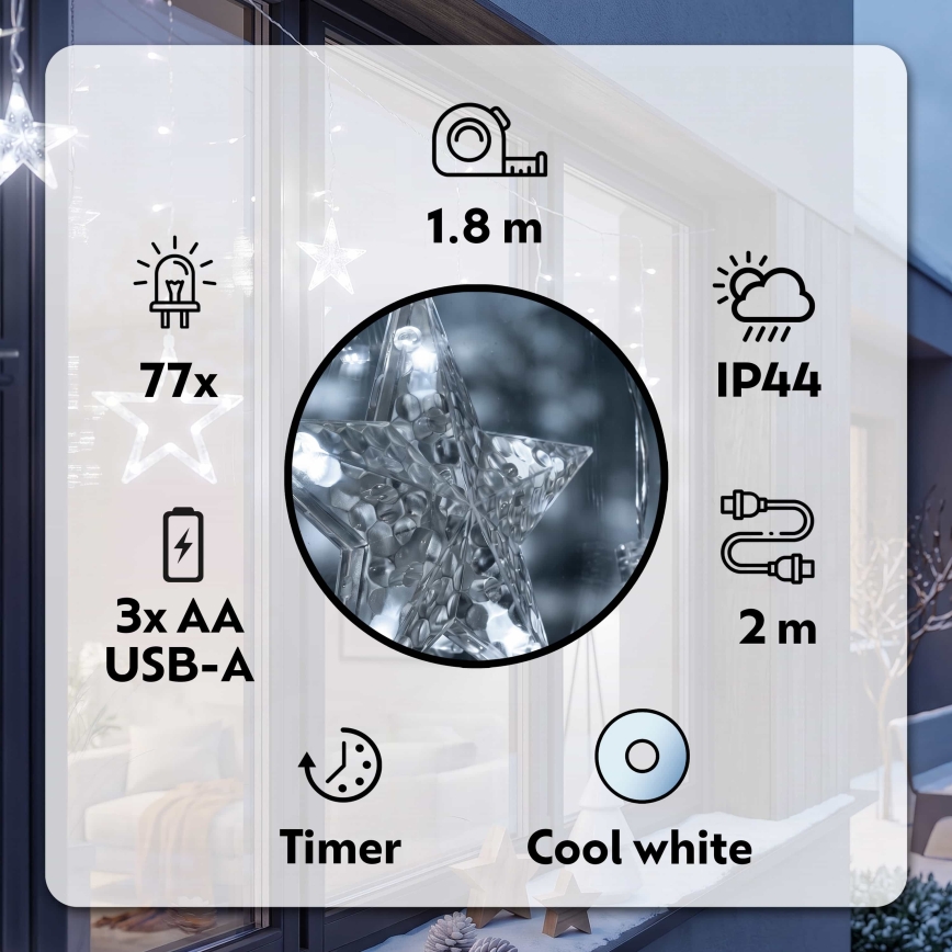 BRILAGI - LED utomhus julgardin 77xLED/3xAA/USB 1,8m IP44 kallvit