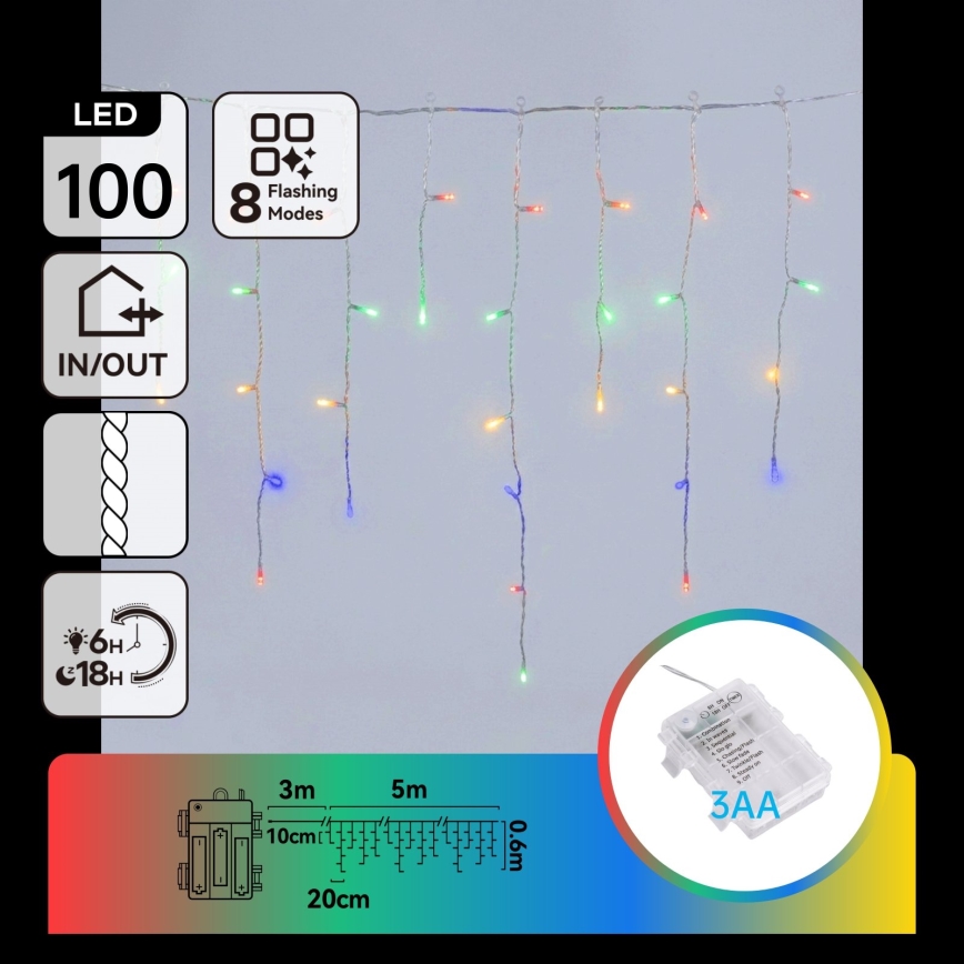BRILAGI - LED Utomhusslinga för jul 100xLED/3xAA/8 funktioner 8x0,6m IP44 flerfärgad