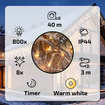 BRILAGI - LED utomhus julslinga 800xLED/8 funktioner 43m IP44 varmvit istappsljusslinga