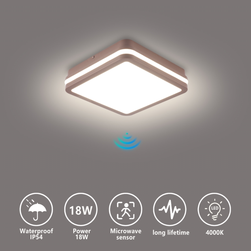 Brilagi - LED utomhustaklampa med rörelsesensor BENE LED/18W/230V 21,5x21,5 cm brun IP54