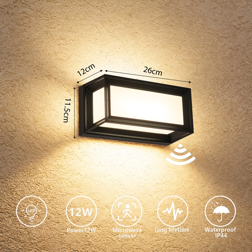 Brilagi - LED utomhusväggarmatur med sensor PARKER LED/12W/230V svart IP44