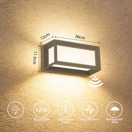 Brilagi - LED vägglampa för utomhusbruk med sensor PARKER LED/12W/230V grå IP44