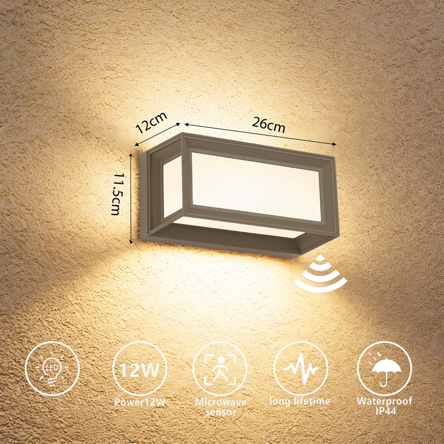 Brilagi - LED vägglampa för utomhusbruk med sensor PARKER LED/12W/230V grå IP44