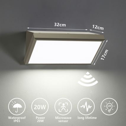 Brilagi - LED utomhusväggarmatur med sensor TRIANGLE LED/20W/230V grå IP65