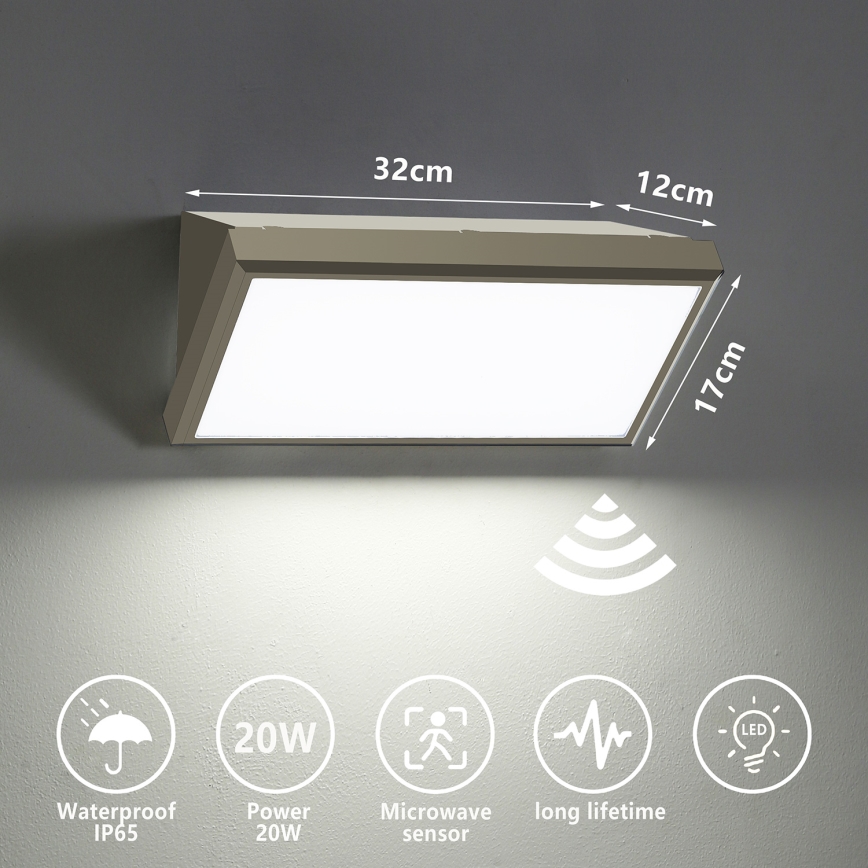 Brilagi - LED utomhusväggarmatur med sensor TRIANGLE LED/20W/230V grå IP65