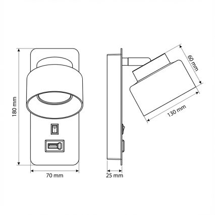 Brilagi - LED Vägglampa med USB-port AURA LUX 1xGX53/30W/230V svart/rökfärgad