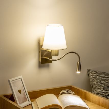 Brilagi - LED Flexibel vägglampa NUBILA 1xE27/25W/230V + LED/3W mässing/vit