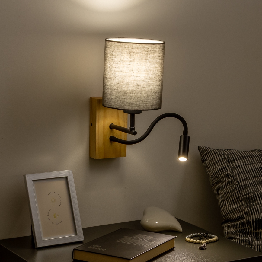 Brilagi - LED Flexibel vägglampa NUBILA WOOD 1xE27/25W/230V + LED/3W ek/antracit