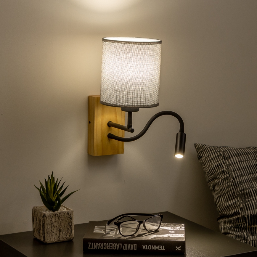 Brilagi - LED Flexibel vägglampa NUBILA WOOD 1xE27/25W/230V + LED/3W ek/grå