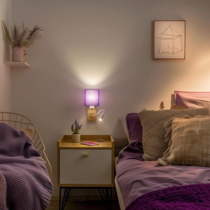 Brilagi - LED Flexibel vägglampa NUBILA WOOD 1xE27/25W/230V + LED/3W ek/lila