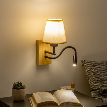 Brilagi - LED Flexibel vägglampa NUBILA WOOD 1xE27/25W/230V + LED/3W ek/ljusbrun