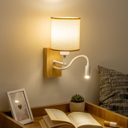 Brilagi - LED Flexibel vägglampa NUBILA WOOD 1xE27/25W/230V + LED/3W ek/ljusbrun