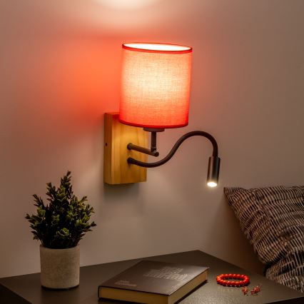 Brilagi - LED Flexibel vägglampa NUBILA WOOD 1xE27/25W/230V + LED/3W ek/röd