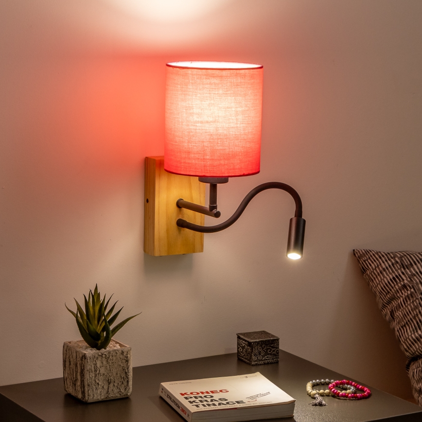 Brilagi - LED Flexibel vägglampa NUBILA WOOD 1xE27/25W/230V + LED/3W ek/rosa