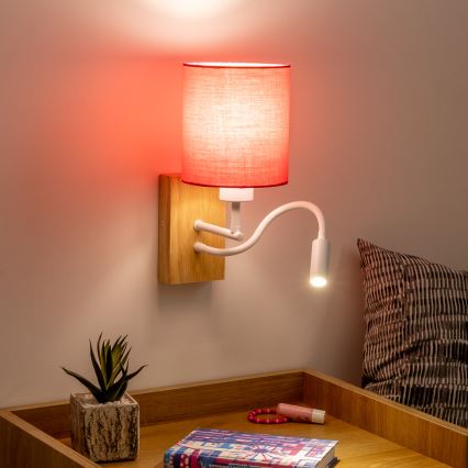 Brilagi - LED Flexibel vägglampa NUBILA WOOD 1xE27/25W/230V + LED/3W ek/rosa