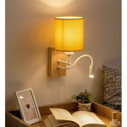 Brilagi - Flexibel LED-vägglampa NUBILA WOOD 1xE27/25W/230V + LED/3W ek/vit/gul