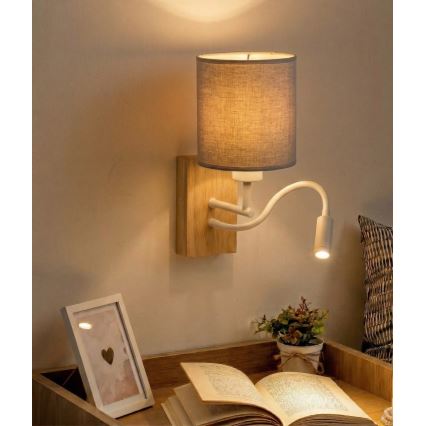 Brilagi - LED-flexibel vägglampa NUBILA WOOD 1xE27/25W/230V + LED/3W ek/vit/ljusgrå