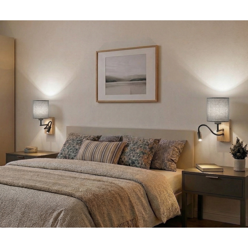 Brilagi - LED-flexibel vägglampa NUBILA WOOD 1xE27/25W/230V + LED/3W ek/vit/ljusgrå