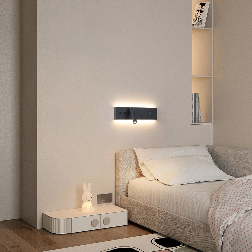 Brilagi - LED väggspot med USB-port NOCTIS LED/3W/230V + LED/9W svart