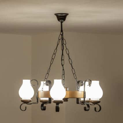 Brilagi - Ljuskrona med kedja ROATA 5xE14/40W/230V Ø 50 cm bok/valnöt