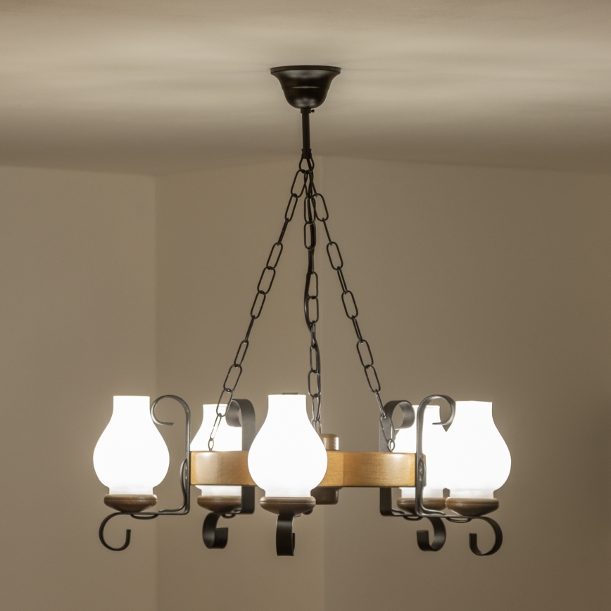 Brilagi - Ljuskrona med kedja ROATA 5xE14/40W/230V Ø 50 cm bok/valnöt