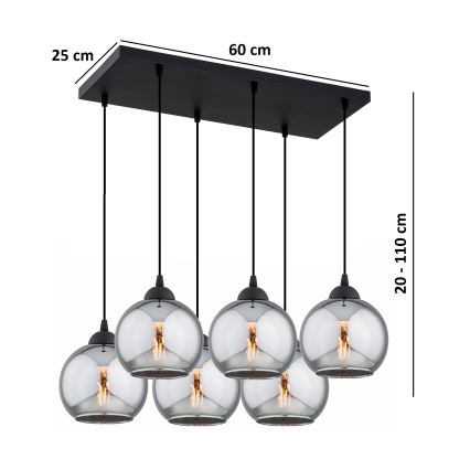 Brilagi - Ljuskrona på vajer 6xE27/60W/230V svart/rökgrå