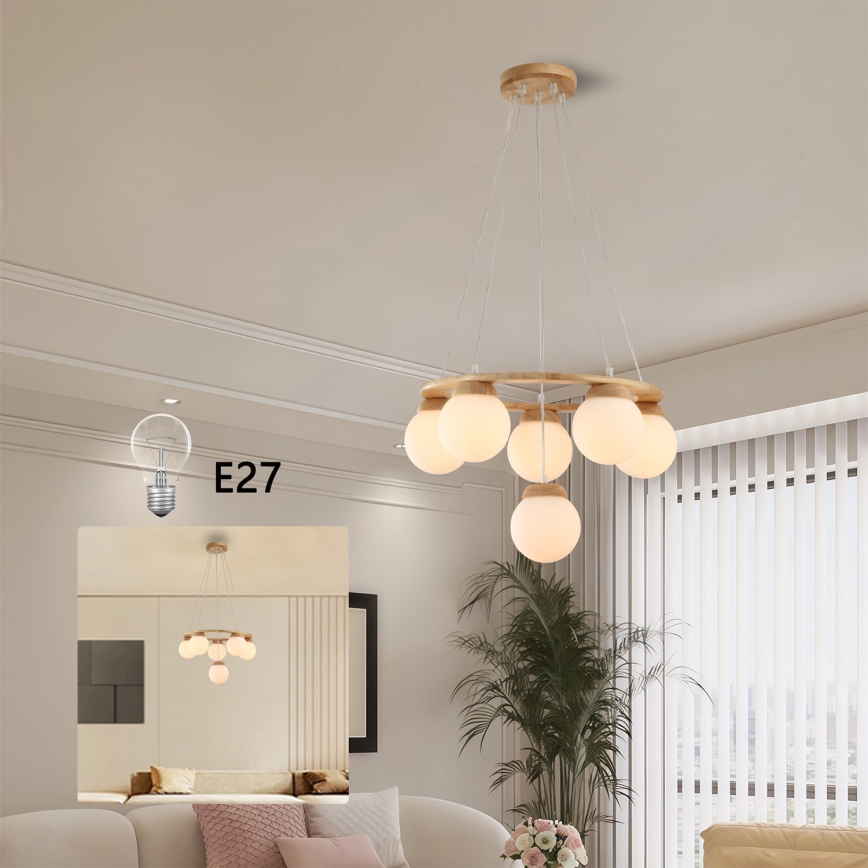 Brilagi - Ljuskrona på vajer VISBY WOOD 6xE27/60W/230V Ø 58 cm gummiträ