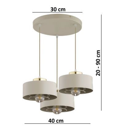 Brilagi - Pendellampa med kabel 3xE27/60W/230V beige/guld