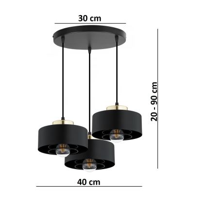 Brilagi - Pendellampa med kabel SPRING 3xE27/60W/230V svart/guld