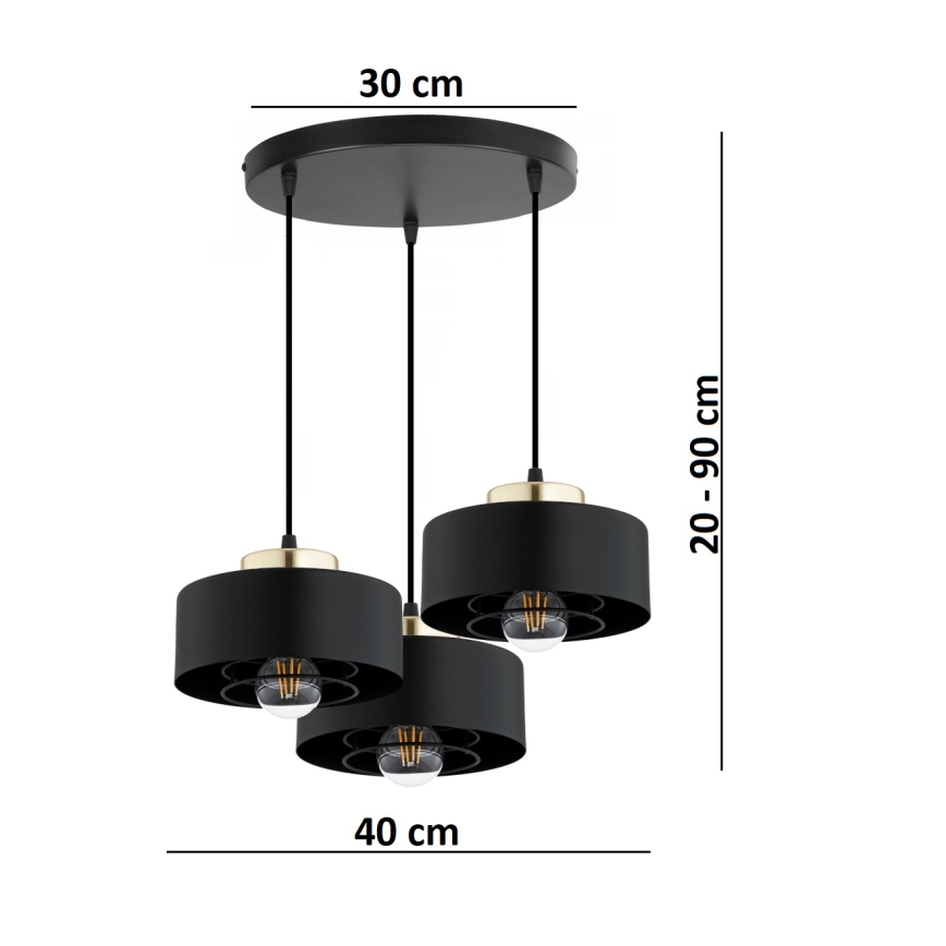Brilagi - Pendellampa med kabel SPRING 3xE27/60W/230V svart/guld